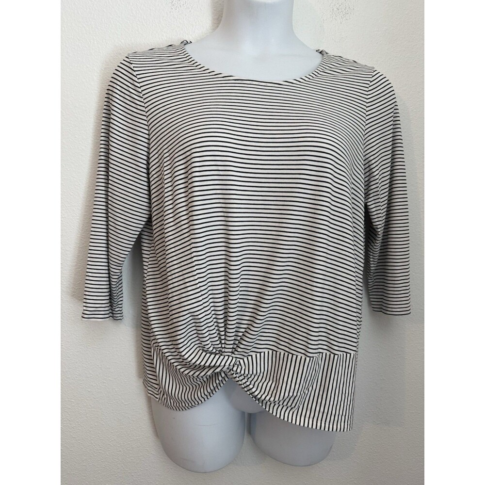 Chico's Top Knit Size L Large (2) Striped Scoop Neck 3/4 Sleeve STRETCH Ruching